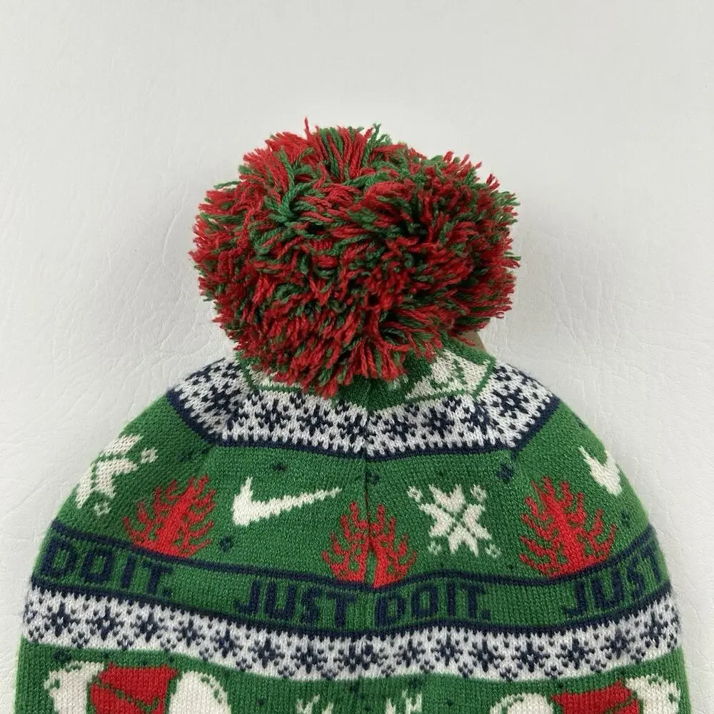 Nike Christmas Pom Beanie Hat Green Reindeer Just Do It Cuffed One Size NWT